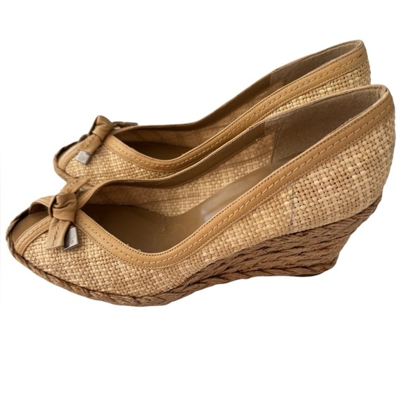 Stuart Weitzman Shoes - Stuart Weitzman Tan Woven Espadrille Wedge Pumps with Bow